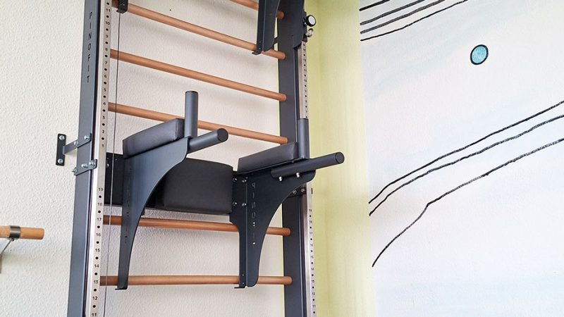 Moderne Sprossenwand mit Klimmzugstange und Dip-Barren in einem Fitness- oder Therapieraum
